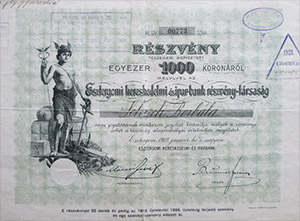 Esztergomi Kereskedelmi s Iparbank Rszvnytrsasg rszvny  1000 korona 1912