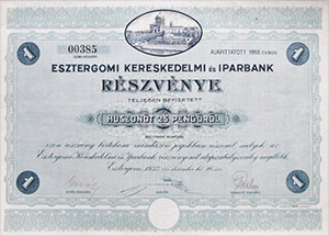 Esztergomi Kereskedelmi s Iparbank Rszvnytrsasg rszvny 25 peng 1932