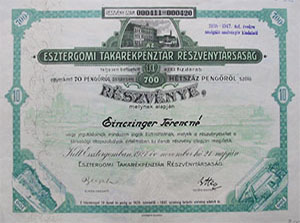 Esztergomi Takarkpnztr Rszvnytrsasg rszvny 700 peng 1927