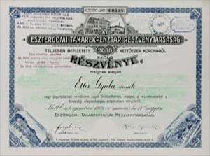 Esztergomi Takarkpnztr Rszvnytrsasg rszvny 2000 korona 1909