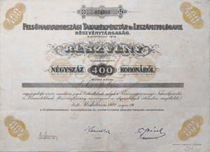 Felsmagyarorszgi Takarkpnztr s Leszmtol Bank Rszvnytrsasg rszvny 400 korona 1922 Miskolcz