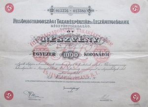 Felsmagyarorszgi Takarkpnztr s Leszmtol Bank Rszvnytrsasg rszvny 5x200 1000 korona 1923 Miskolcz