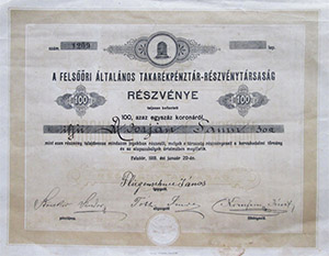 Felsri ltalnos Takarkpnztr Rszvnytrsasg rszvny 100 korona 1918
