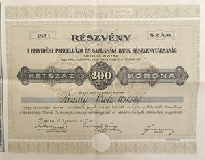 Felvidki Parcellz s Gazdasgi Bank Rszvnytrsasg  Nyitra rszvny 200 korona 1911