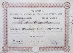 Ferencz- s Jzsefvrosi Takarkpnztr Rszvnytrsasg rszvny 100 forint 1872