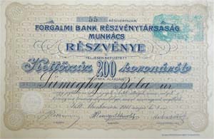 Forgalmi Bank Rszvnytrsasg rszvny 200 korona 1911 Munkcs