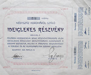 Fvrosi Kereskedelmi Bank Rszvnytrsasg ideiglenes rszvny 400 korona 1920