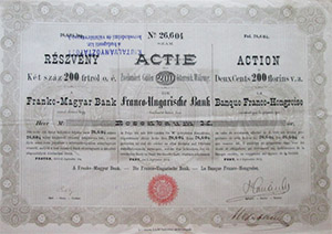 Franko-Magyar Bank rszvny 200 forint 1873 Pest