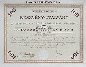 Gazdabank Rszvnytrsasg Budapest rszvny utalvny 100x1000 100000 korona 1923