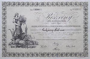 Gazdk, Kereskedk s Iparosok Bankja Rszvnytrsasg  rszvny 100 korona 1918 Jszberny