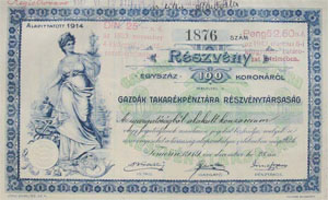 Gazdk Takarkpnztra Rszvnytrsasg rszvny 100 korona 1919
