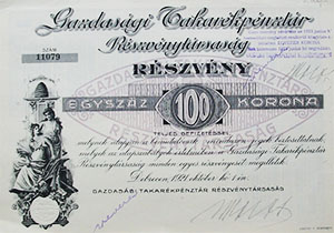 Gazdasgi Takarkpnztr Rszvnytrsasg Debrecen rszvny 100 korona 1921