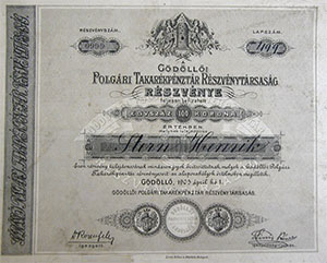 Gdlli Polgri Takarkpnztr Rszvnytrsasg rszvny 100 korona 1905