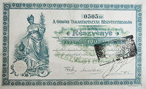 Gmri Takarkpnztr Rszvnytrsasg rszvny 100 korona 1903 Rozsny