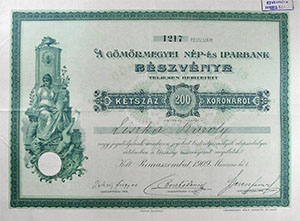 Gmrmegyei Np- s Iparbank Rszvnytrsasg rszvny 200 korona 1909 Rimaszombat