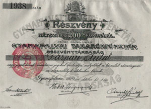 Gyanafalvai Takarkpnztr Rszvnytrsasg rszvny 200 korona 1920