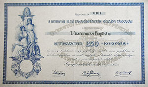 Gyergyi Els Takarkpnztr Rszvnytrsasg rszvny 250 korona 1910 Gyergyszentmikls