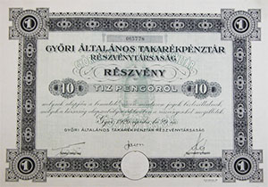Gyri ltalnos Takarkpnztr Rszvnytrsasg rszvny 10 pengo 1926 Gyr