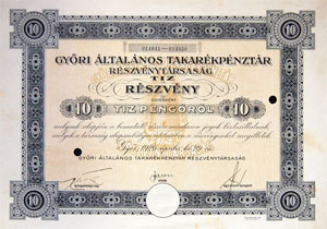 Gyri ltalnos Takarkpnztr Rszvnytrsasg rszvny 100 pengo 1926 Gyr