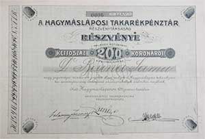 Hagymslposi Takarkpnztr Rszvnytrsasg rszvny 200 korona 1911