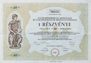 Hajdbszrmnyi Hitelbank s Takarkpnztr Rszvnytrsasg rszvny 40 peng 1925