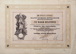 Hajdudorogi Hitelbank Rszvnytrsasg rszvny 10x50 500 peng 1927