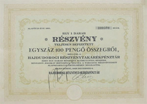 Hajdudorogi Rszvnytakarkpnztr rszvny 100 peng 1928