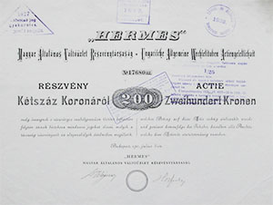 Hermes Magyar ltalnos Vltzlet Rszvnytrsasg  rszvny 200 korona 1911