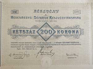 Hevesmegyei Npbank Rszvnytrsasg rszvny 200 korona 1911 Eger