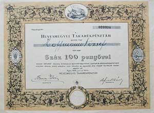 Hevesmegyei Takarkpnztr rszvny 100 peng 1942 Eger 