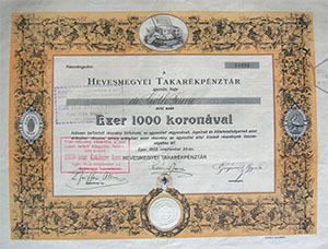 Hevesmegyei Takarkpnztr rszvny 1000 korona 1923 Eger