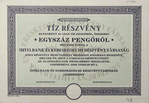 Hitelbank s Kereskedelmi Rszvnytrsasg rszvny 10x10 100 peng 1929 Jszberny