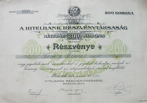 Hitelbank Rszvnytrsasg rszvny 200 korona 1921 Marcali)