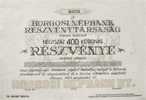 Horgosi Npbank Rszvnytrsasg rszvny 400 korona 1923 MINTA