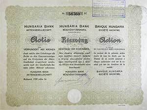 Hungria Bank Rszvnytrsasg rszvny 400 korona 1920
