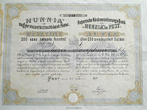 Hunnia Magyar Viszontbiztost Bank Pesten  rszvny 200 forint 1870
