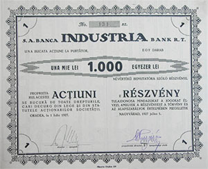 Industria Bank Rszvnytrsasg rszvny 1000 lei 1927 Nagyvrad 