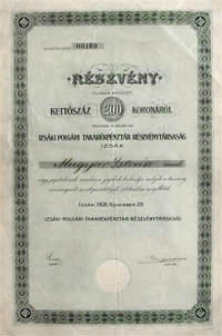 Izski Polgri Takarkpnztr Rszvnytrsasg rszvny 200 korona 1908