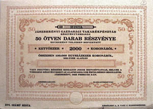 Jszbernyi Gazdasgi Takarkpnztr Rszvnytrsasg rszvny 100000 korona 1925