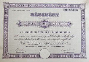 Jszkerleti Npbank s Takarkpnztr rszvny 20 peng 1938 Jszberny