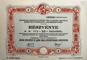 Jszsgi Hitelintzet s Gazdk Bankja Rszvnytrsasg rszvny 10 peng 1926