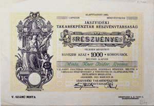 Jszvidki Takarkpnztr Rszvnytrsasg rszvny 1000 korona 1923 Jszkisr