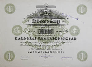Kalocsai Takarkpnztr rszvny 50 peng 1926 Kalocsa