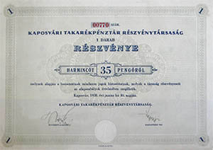 Kaposvri Takarkpnztr Rszvnytrsasg rszvny 35 peng 1938 Kaposvr
