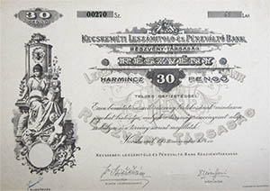 Kecskemti Leszmtol- s Pnzvlt Bank Rszvnytrsasg rszvny 30 peng 1942 Kecskemt