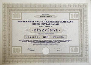 Kecskemti Magyar Kereskedelmi Bank Rszvnytrsasg rszvny 10x50 500 peng 1939 Kecskemt