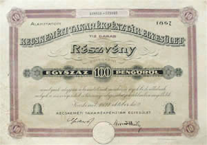 Kecskemti Takarkpnztr Egyeslet rszvny 1000 peng 1927