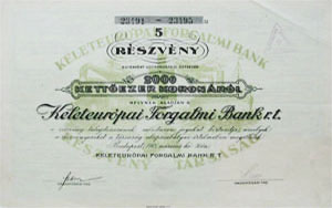 Keleteurpai Forgalmi Bank Rszvnytrsasg rszvny 5x400 korona 1921