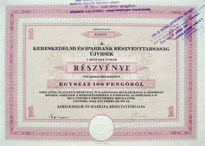 Kereskedelmi s Iparbank Rszvnytrsasg jvidk rszvny 100 peng 1942