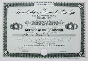 Kereskedk s Iparosok Bankja Rszvnytrsasg rszvny 25x200 5000 korona 1920